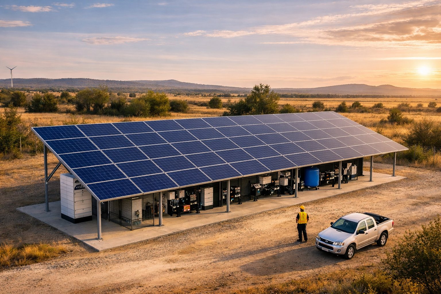 Granja solar instalada en un terreno agrícola, con equipo de almacenamiento y control bajo la estructura de paneles.